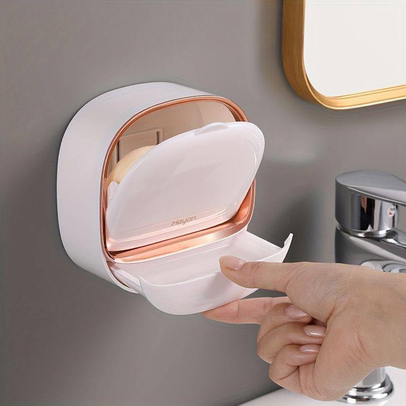 Wall Mounted Soap Holder with Lid and Tray(Comes with Free Self Adhesive Wall Hook)
